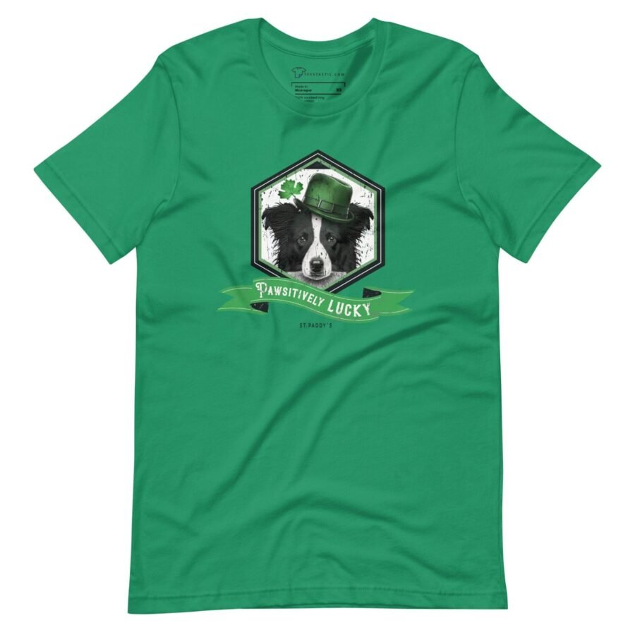 A Pawsitively Lucky St. Patricks Day Boarder Collie Dog unisex t-shirt featuring a dog in a shamrock hat with green color.