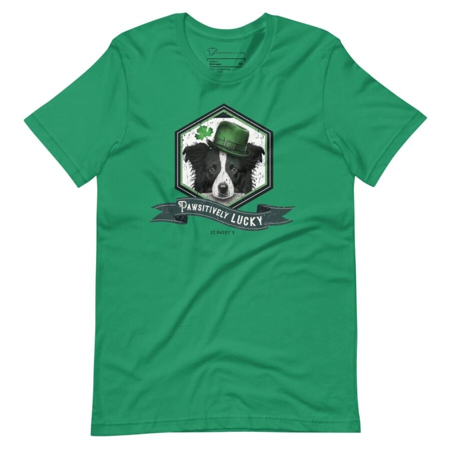 A Pawsitively Lucky St. Patrick's Day t-shirt featuring a border collie in a hat.