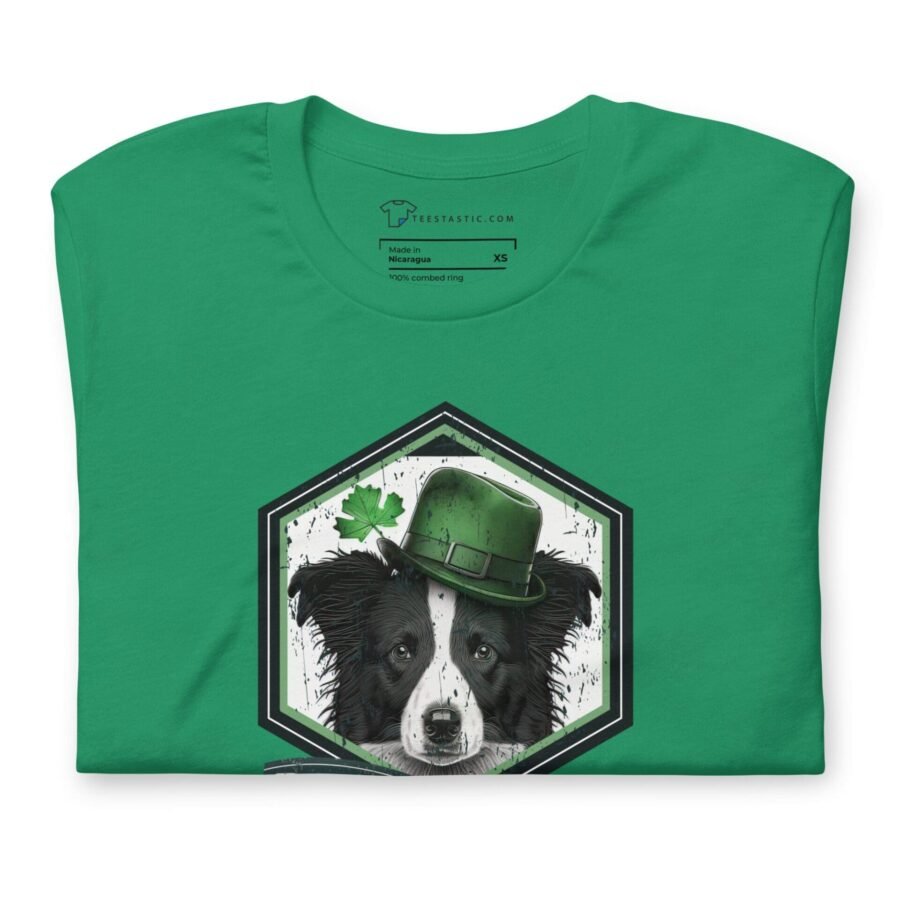 A Pawsitively Lucky St. Patricks Day Boarder Collie Dog Unisex t-shirt featuring a border collie wearing a shamrock hat.