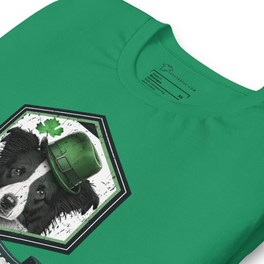 A Pawsitively Lucky St. Patricks Day Boarder Collie Dog Unisex t-shirt featuring a border collie wearing a shamrock hat.