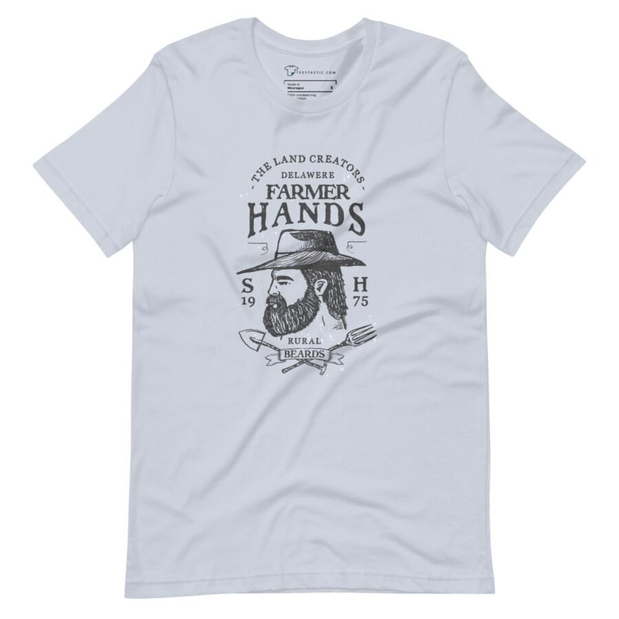 A bearded man with a hat on The Land Creators FARMERS HANDS Unisex T-Shirt.