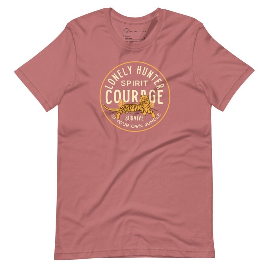 A pink unisex The LONELY HUNTER with COURAGE t-shirt.