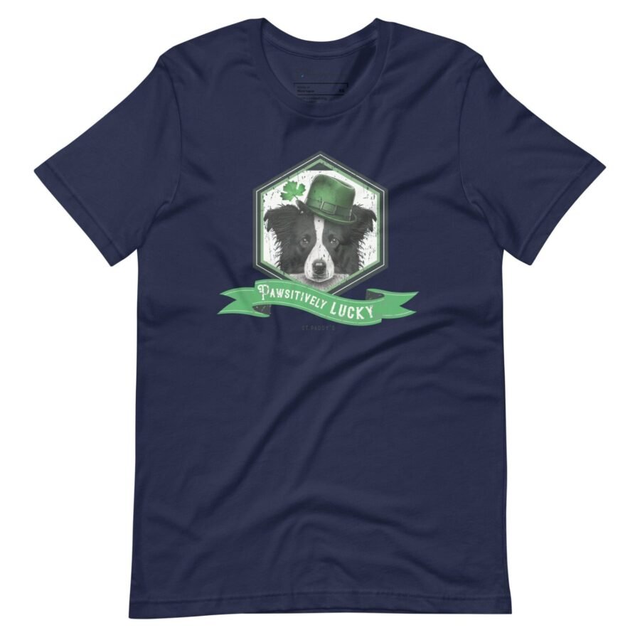 Pawsitively Lucky St. Patricks Day Boarder Collie Dog Unisex t-shirt featuring a lucky boarder collie design.