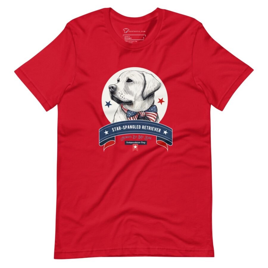 A red Independence Day 4th July t-shirt with an image of a labrador retriever.