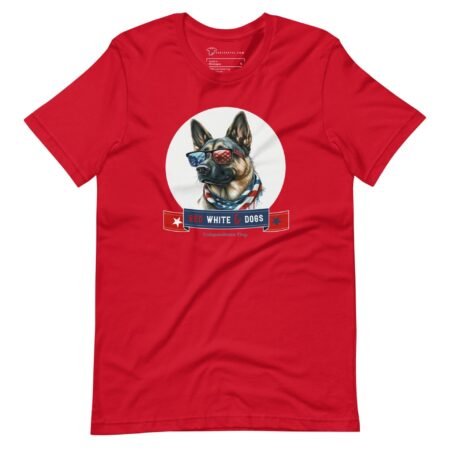 A Independence Day 4th July | RED WHITE AND DOGS | Unisex Heavy Cotton Tee with an image of a german shepherd, perfect for Independence Day 4th July.