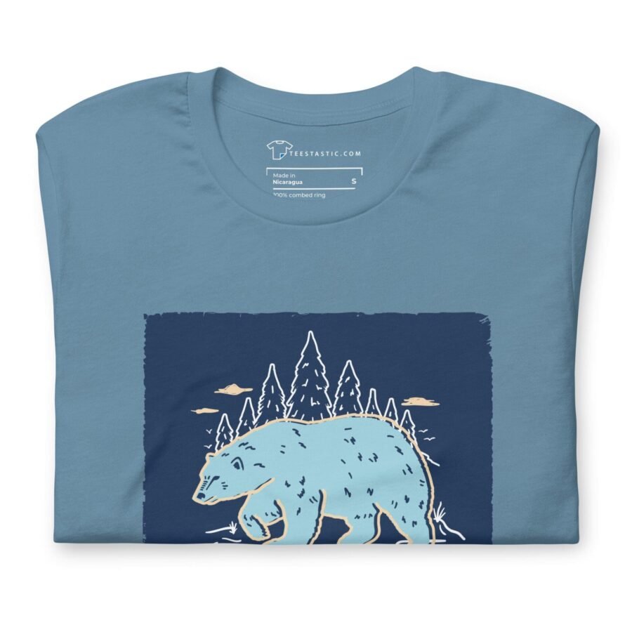 A blue t-shirt with a bear in THE SPIRIT OF FREEDOM ALASKA.