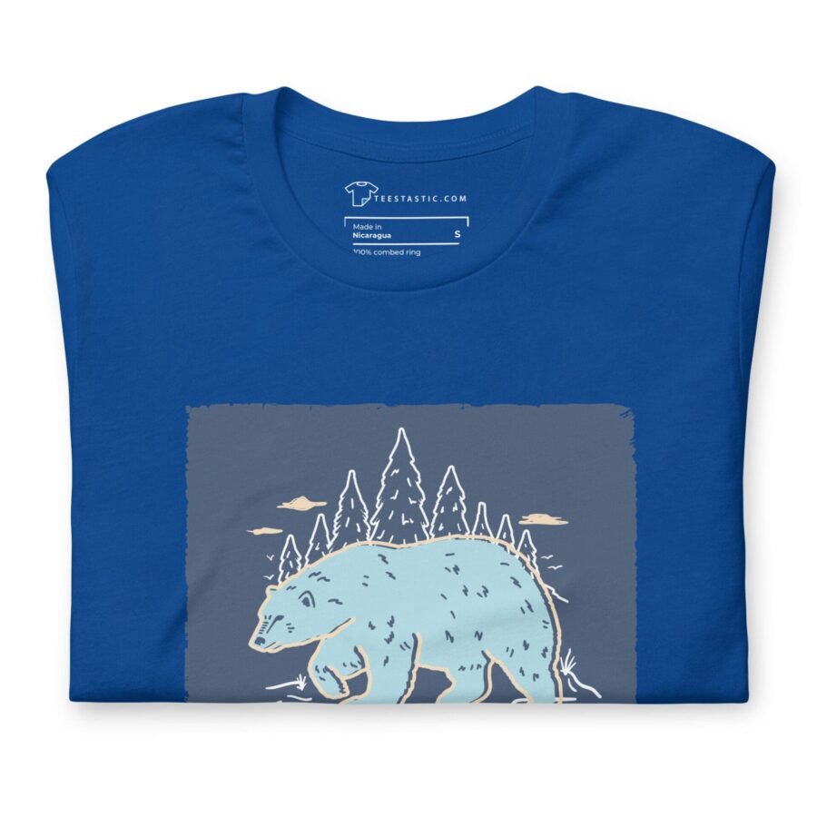A blue t-shirt with THE SPIRIT OF FREEDOM ALASKA on it, representing the spirit of Alaska.