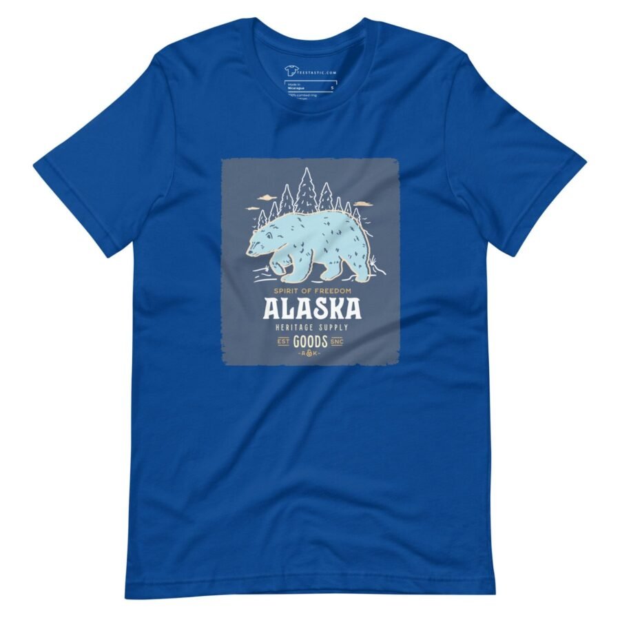 A blue t-shirt featuring THE SPIRIT OF FREEDOM ALASKA bear.