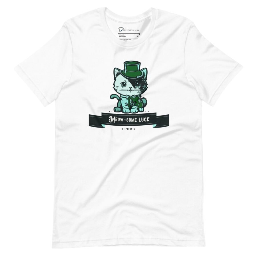 A St.Patrick's Day Meow-Some Luck Cat unisex t-shirt with a cat in a green hat.