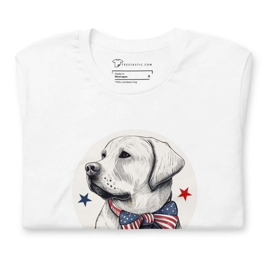 A white Independence Day 4th July | STAR SPANGLED RETRIEVER | Unisex Heavy Cotton Tee with a yellow labrador dog on it.