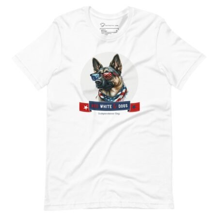 A "Independence Day 4th July | RED WHITE AND DOGS | Unisex Heavy Cotton Tee" featuring a German Shepherd wearing an American flag for Independence Day.