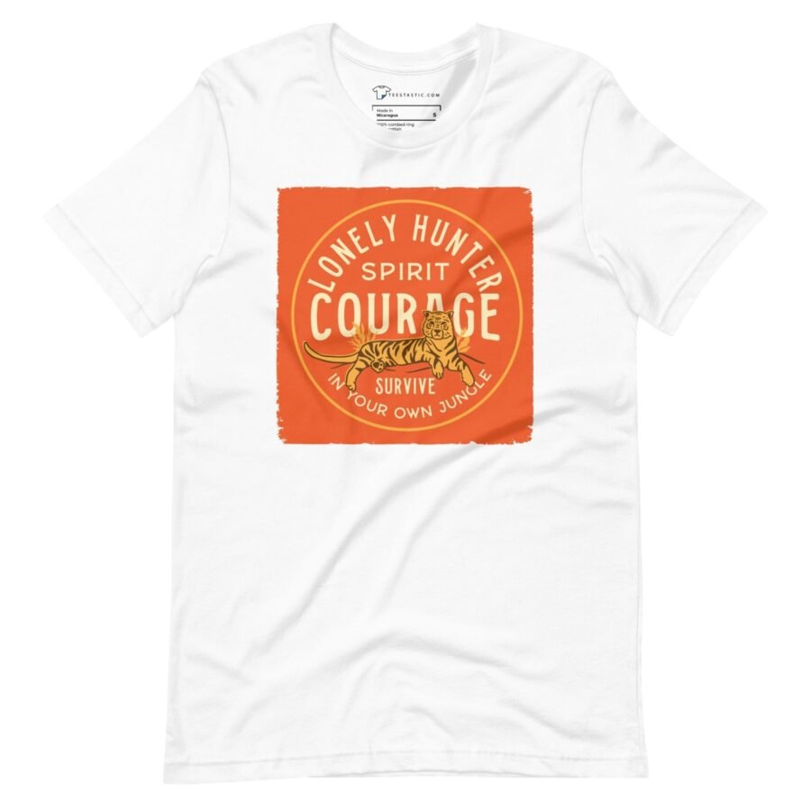 A white The LONELY HUNTER with COURAGE Unisex T-Shirt featuring The LONELY HUNTER logo.
