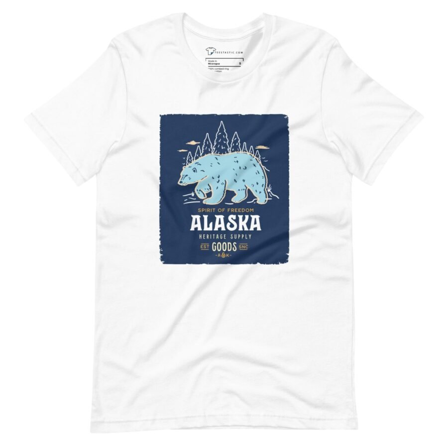 A white t-shirt with THE SPIRIT OF FREEDOM ALASKA bear representing the spirit of freedom.