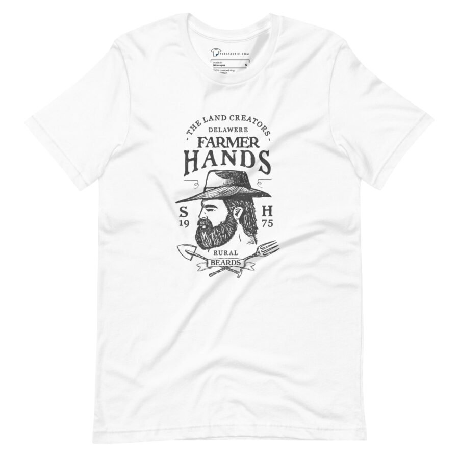 The Land Creators FARMERS HANDS Unisex T-Shirt: A white t-shirt with an image of a man with a beard and hat, designed for farmers.