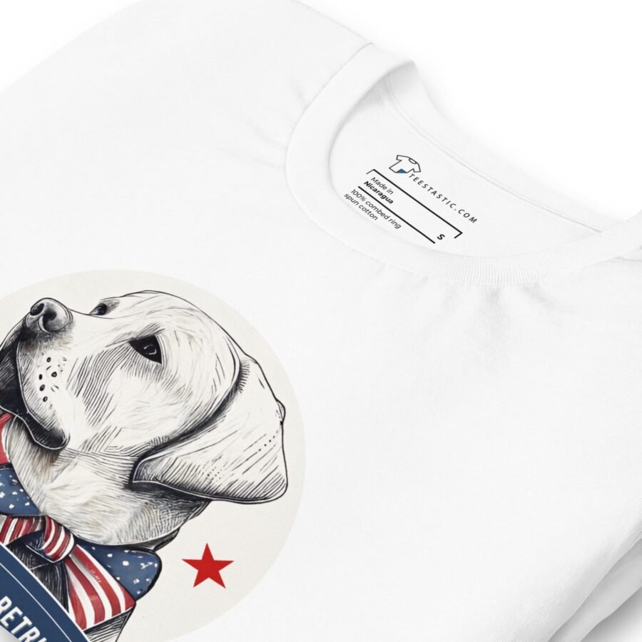 An Independence Day 4th July | STAR SPANGLED RETRIEVER | Unisex Heavy Cotton Tee, a labrador retriever wearing an american flag, is featured.