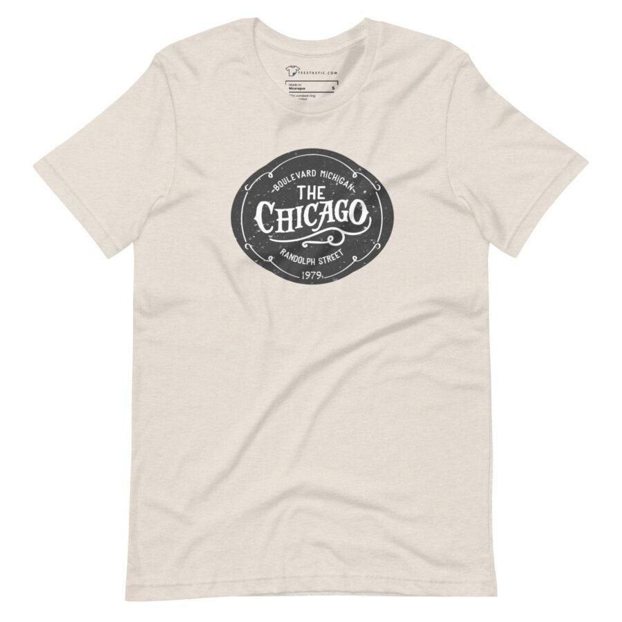 The Chicago Unisex T-Shirt on a white shirt.