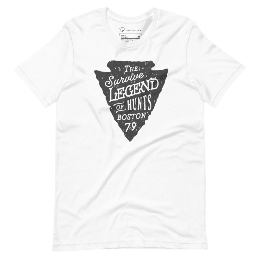 A white Survival Legend Unisex T-Shirt with an arrow and the words, "legend.