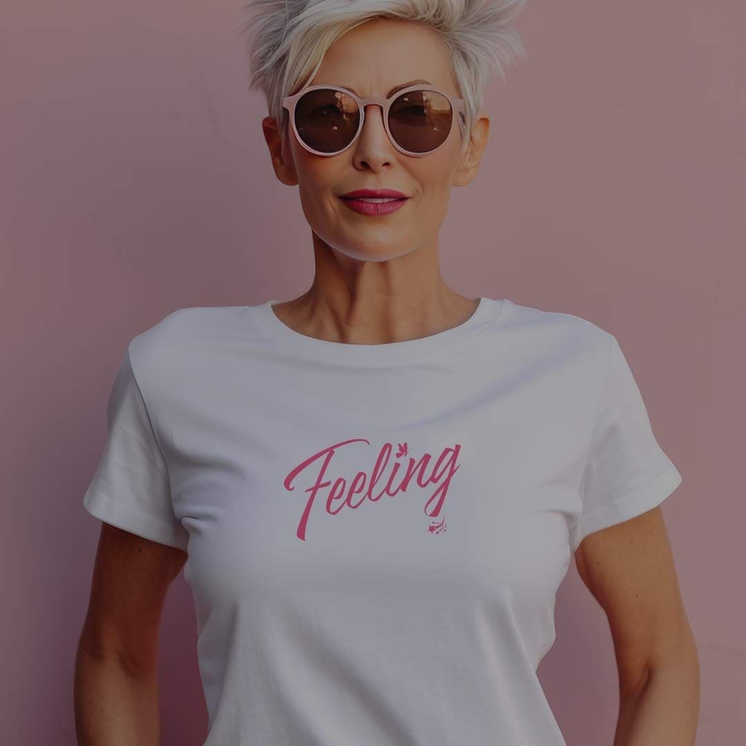 A woman wearing a white 'Feeling' Women's Short Sleeve T-Shirt expressing her "feeling".