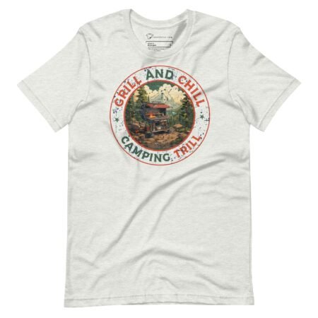 A white Grill & Chill Camping Thrill unisex t-shirt with a camping cabin and "Grill and Chill" slogan on it.