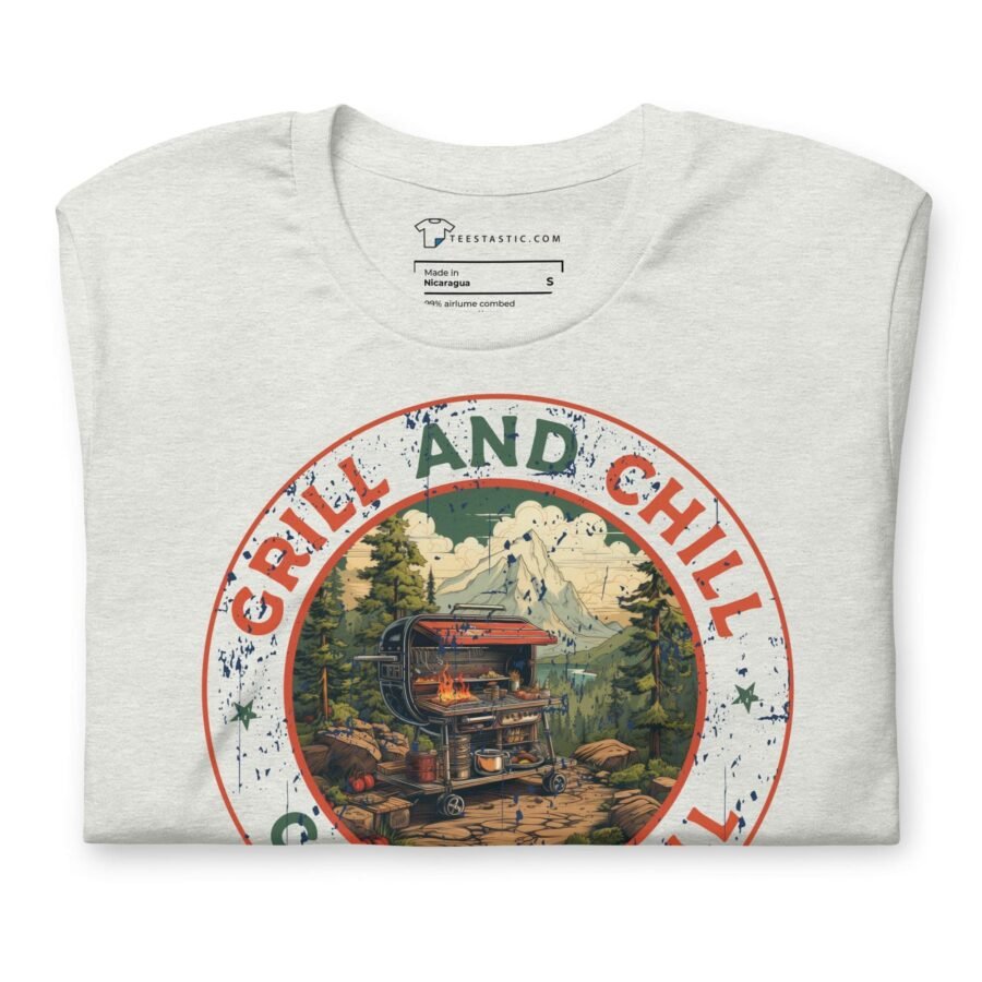 A Grill & Chill Camping Thrill Unisex T-Shirt with the "Grill and Chill" design.