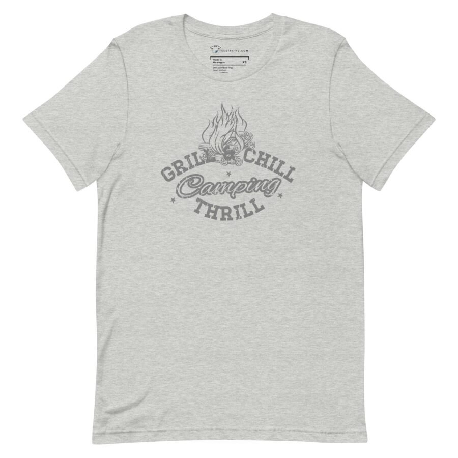 A Chill and Grill Camping Thrill Unisex T-Shirt in gray for camping, featuring the phrase "grill and chill".