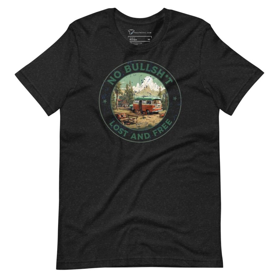 The Lost and Free Unisex T-Shirt, featuring a truck in a wooded landscape, embodies adventure and self-expression.