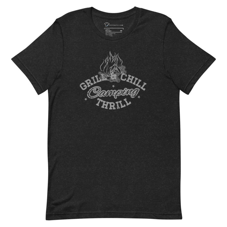 A Chill and Grill Camping Thrill Unisex T-Shirt for grilling enthusiasts featuring the words "grill chill.