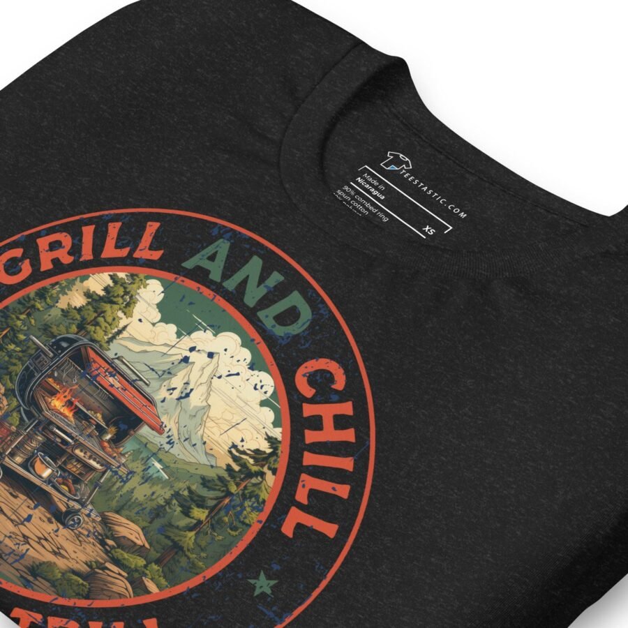 A Grill & Chill Camping Thrill Unisex T-Shirt with the words "Grill and Chill.