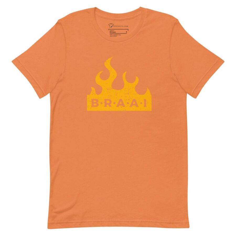 A fire-themed BBQ South African Way unisex t-shirt.