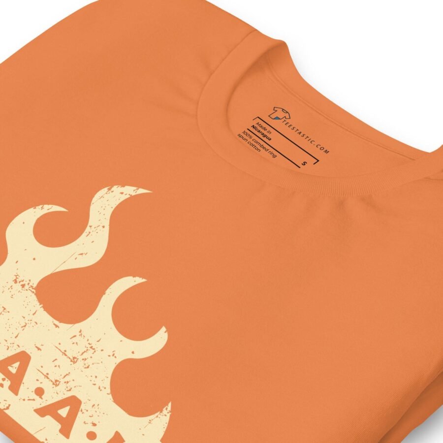 An BBQ South African Way Unisex T-Shirt with a flame on it, perfect for BBQ enthusiasts.