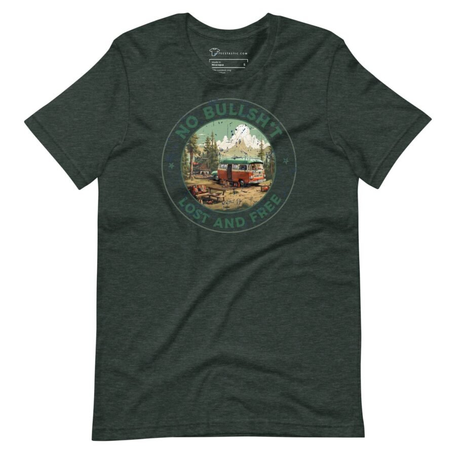 A Lost and Free Unisex T-Shirt with an image of a truck and a tree that represents adventure.