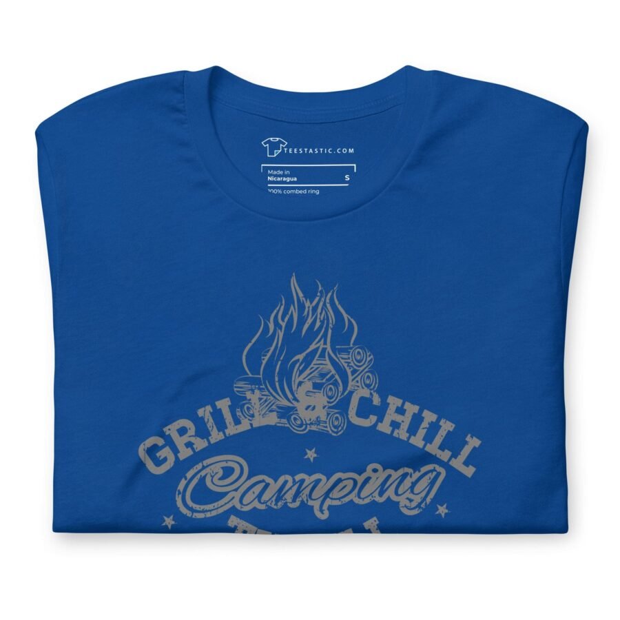 An Chill and Grill Camping Thrill unisex t-shirt featuring a blue color and a fun "grill chill" print.