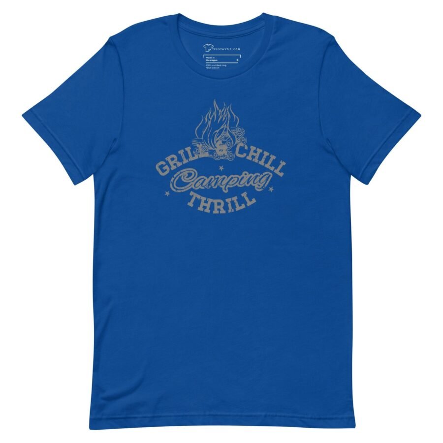 A blue Chill and Grill Camping Thrill unisex t-shirt with the words "grill chill" for camping and BBQ enthusiasts.