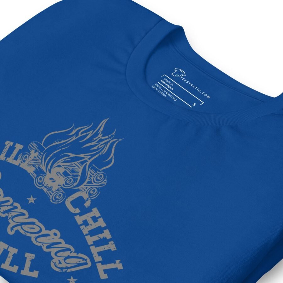 A Chill and Grill Camping Thrill Unisex T-Shirt featuring the word "chill" in blue.