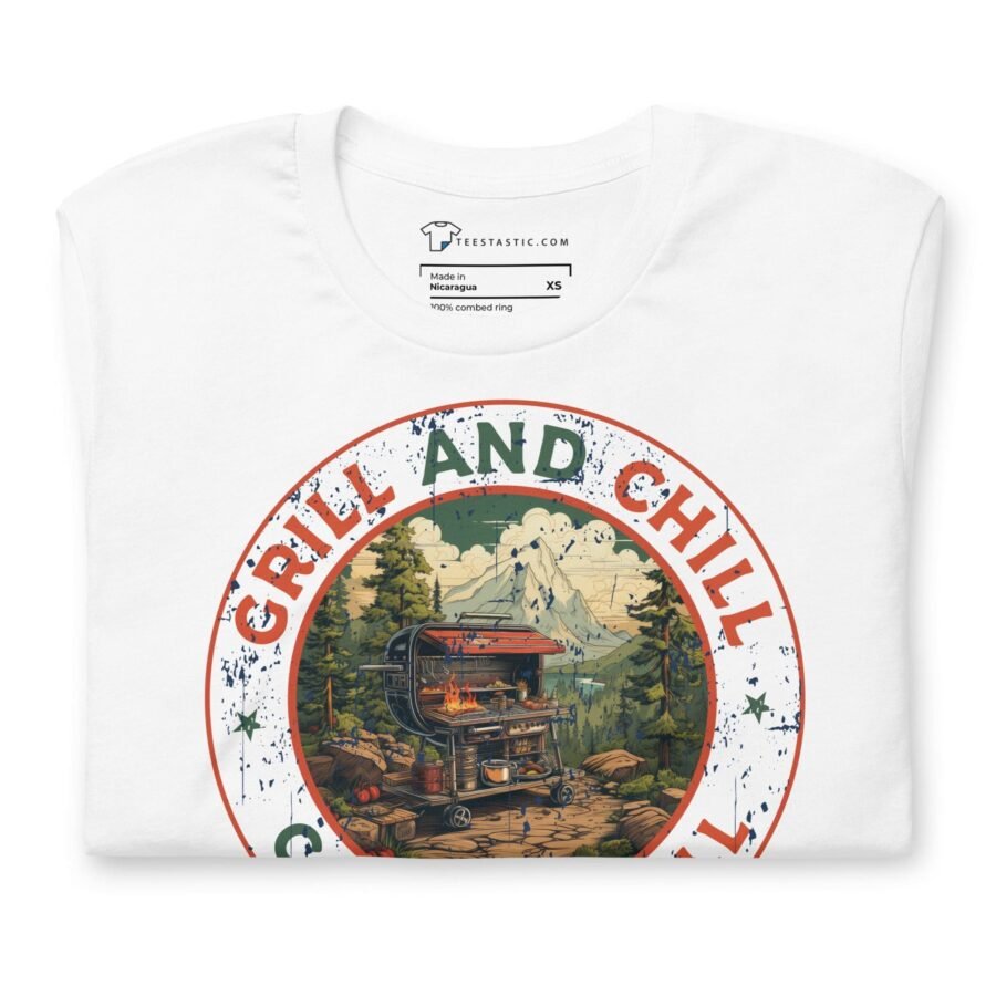 A Grill & Chill Camping Thrill Unisex T-Shirt with the words "Grill and Chill" printed on it.