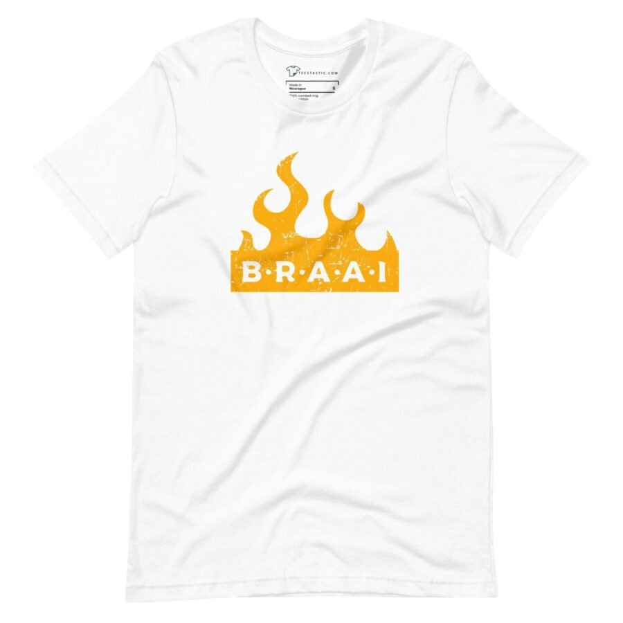 A white BBQ South African Way Unisex T-Shirt with the word braai on it, perfect for BBQ enthusiasts.