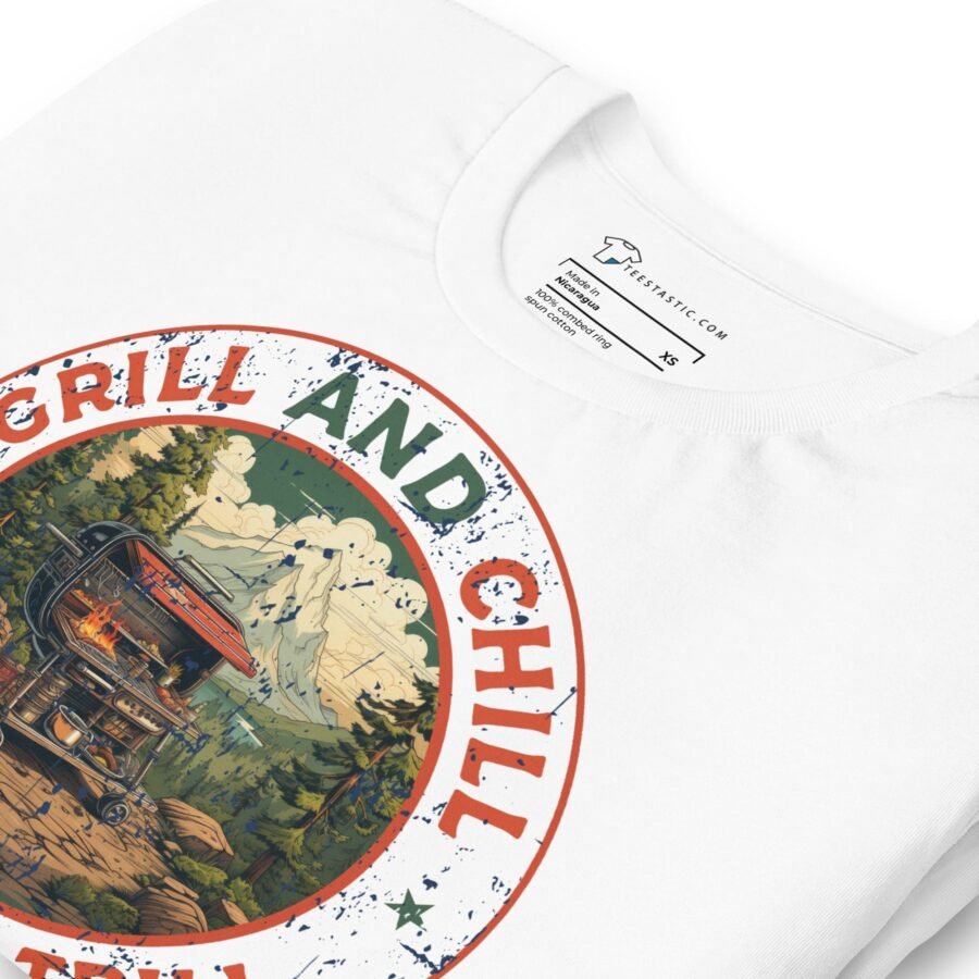 A white Grill & Chill Camping Thrill Unisex T-Shirt.