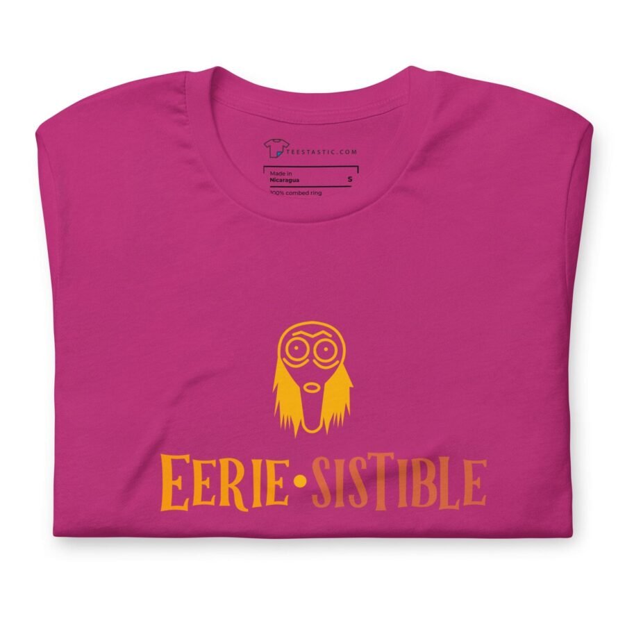 A pink Halloween Eerie Unisex t-shirt with the phrase "errie-stable".