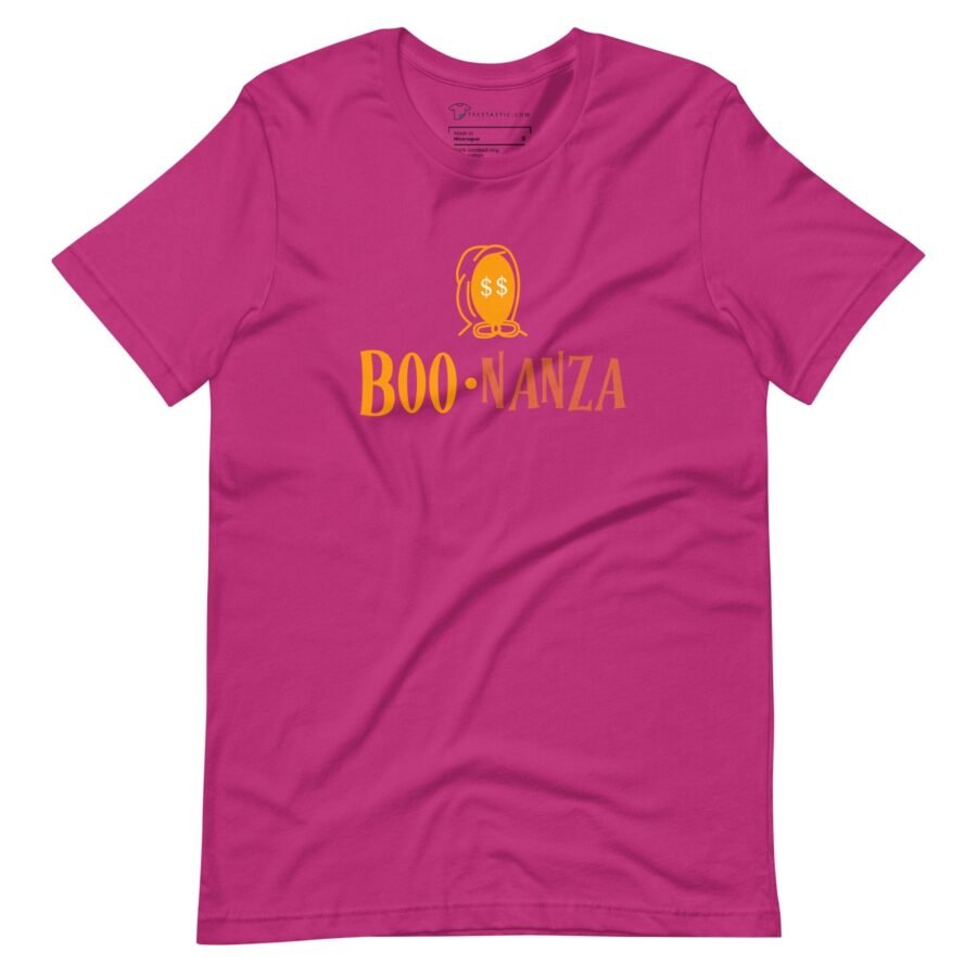 A pink Halloween BOO-nanza Unisex t-shirt with the word boo-mazza on it.