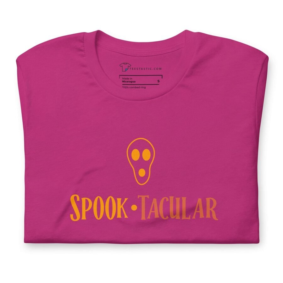 A pink Halloween Spook-tacular Unisex t-shirt with the word "spook-tacular" on it.