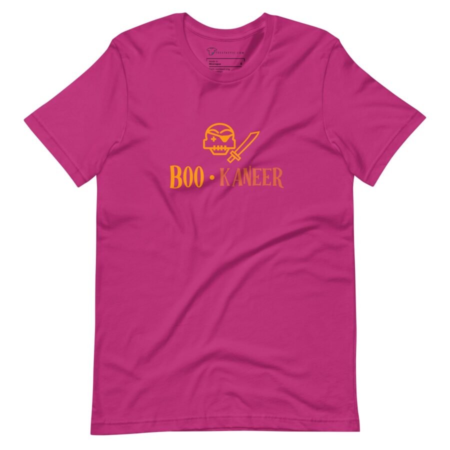 A Halloween-themed pink t-shirt with the word 'BOO-Kanteer' on it.