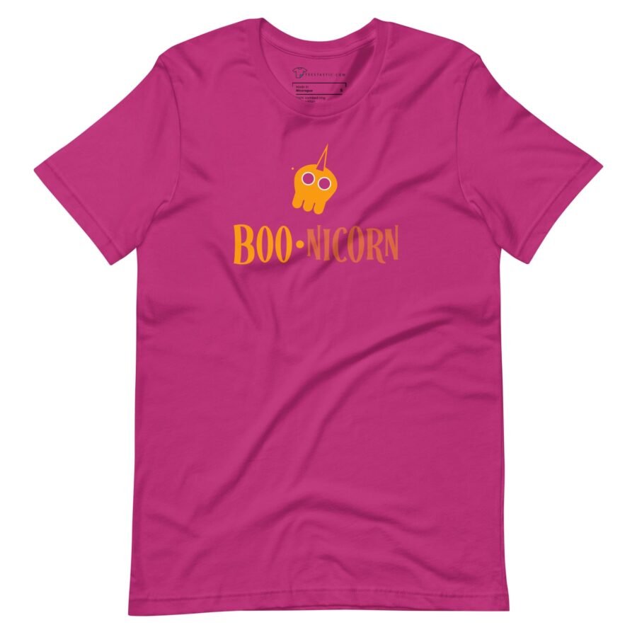 A pink Halloween BOO-nicorn Unisex t-shirt with the word boo-corn on it.