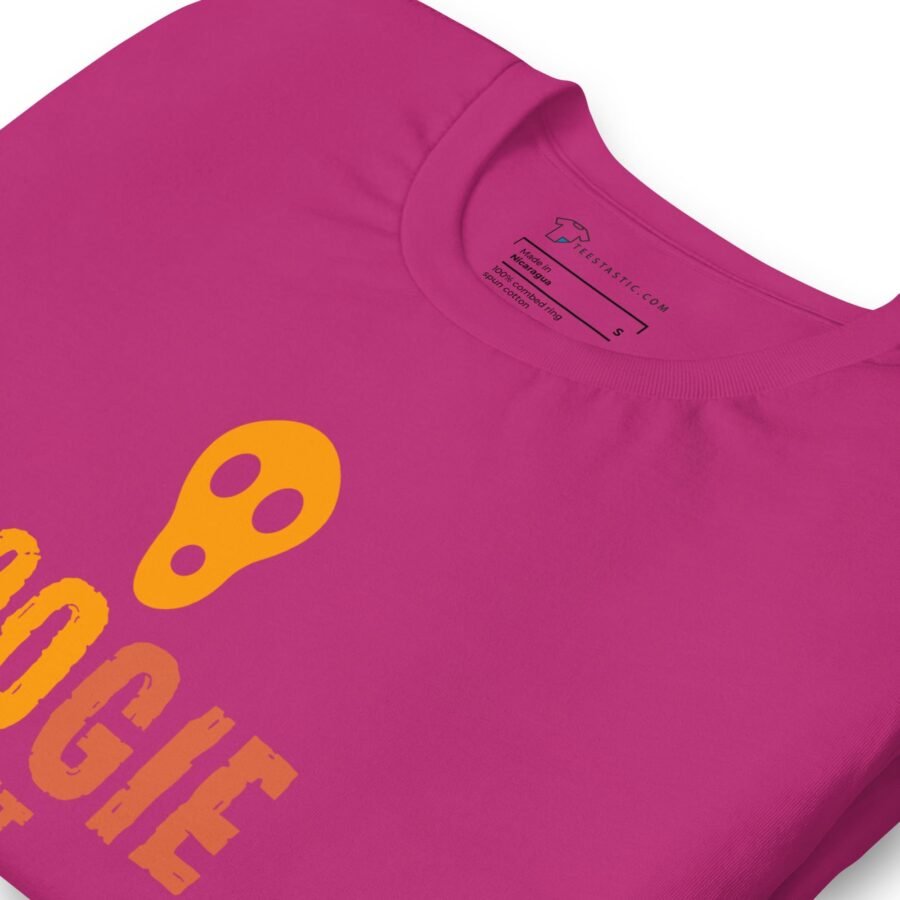 A pink Halloween BOO-GIE Night Unisex t-shirt with a Halloween logo on it.