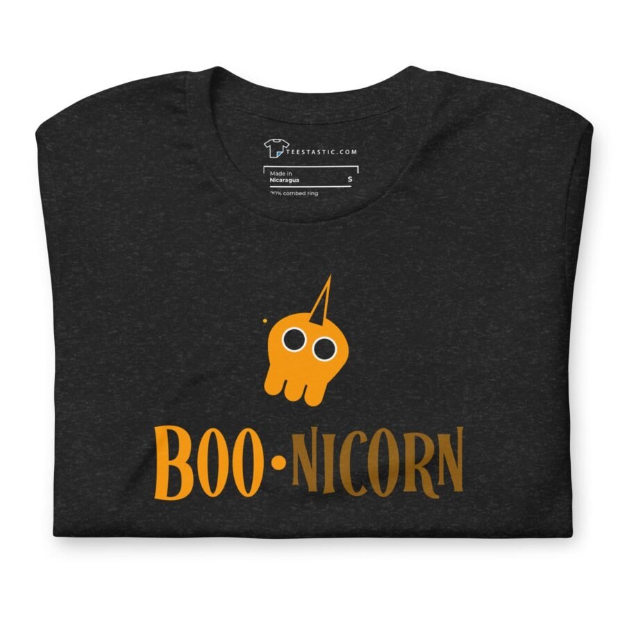 A Halloween-themed black t-shirt with a "Halloween BOO-nicorn Unisex t-shirt" design.