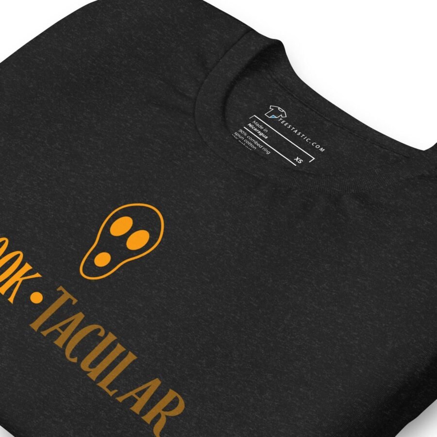 A Halloween Spook-tacular Unisex t-shirt with an orange skull on it, perfect for Halloween.