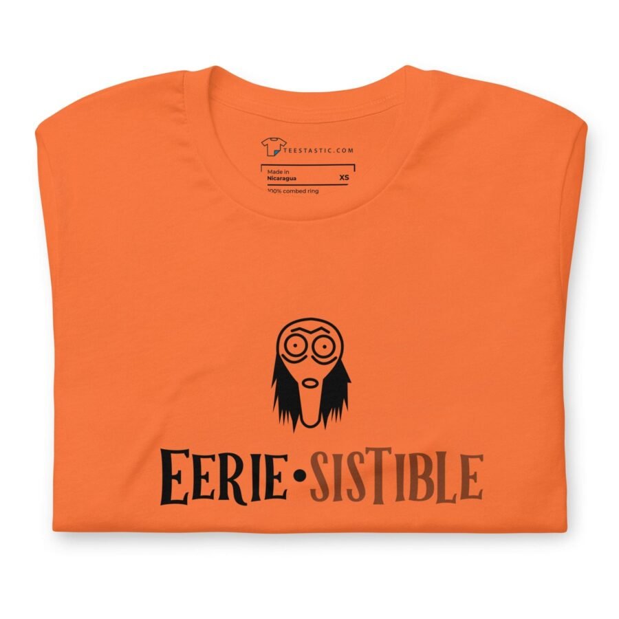 An orange Halloween Eerie Unisex t-shirt that says errie-stable.