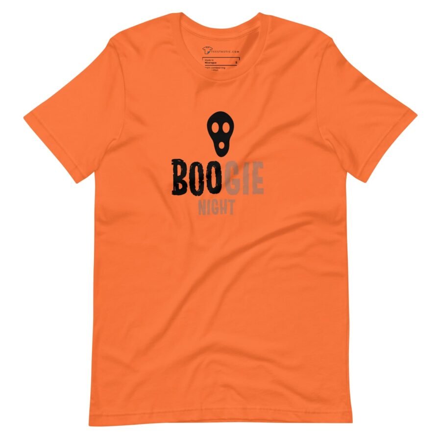 An Halloween BOO-GIE Night Unisex t-shirt with the words boogie night and Halloween on it.