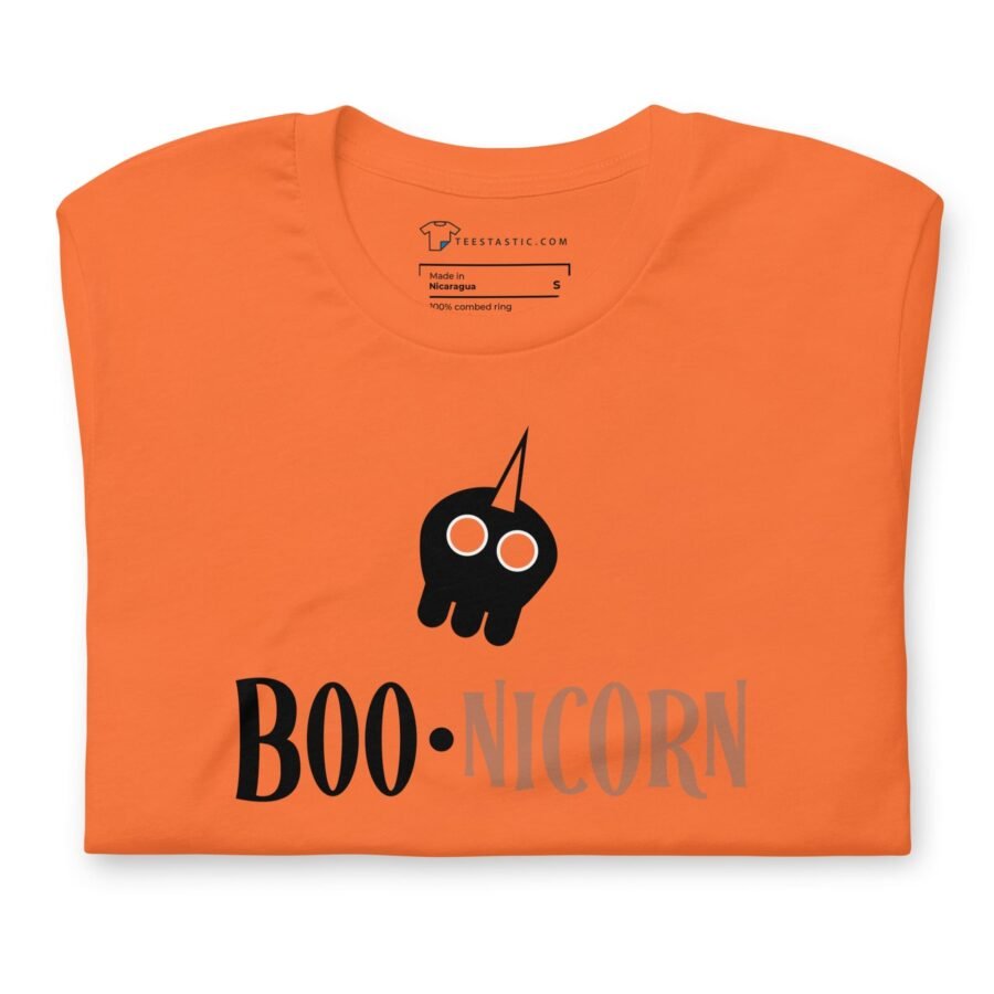 An orange Halloween BOO-nicorn Unisex t-shirt.