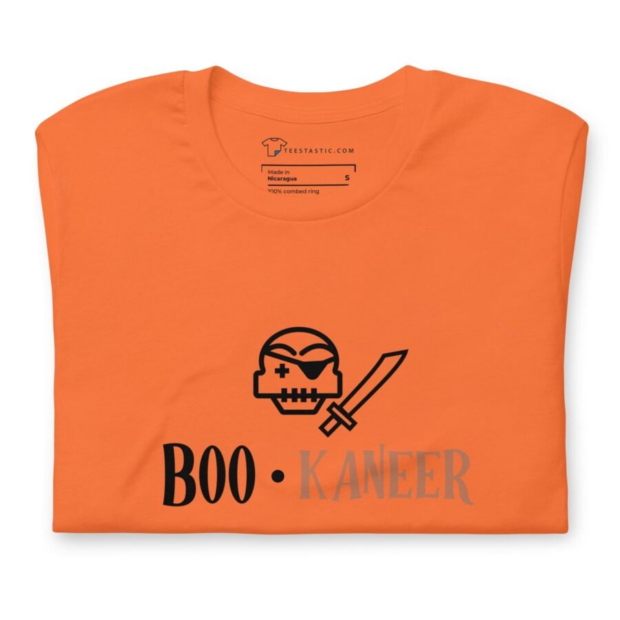 An orange Halloween BOO-Kanteer t-shirt with the phrase "boo kaneer".