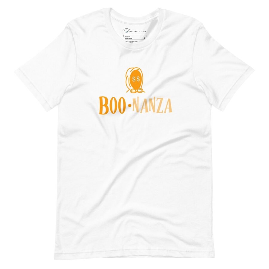 A white Halloween BOO-nanza Unisex t-shirt with the word boomazza on it, perfect for Halloween.